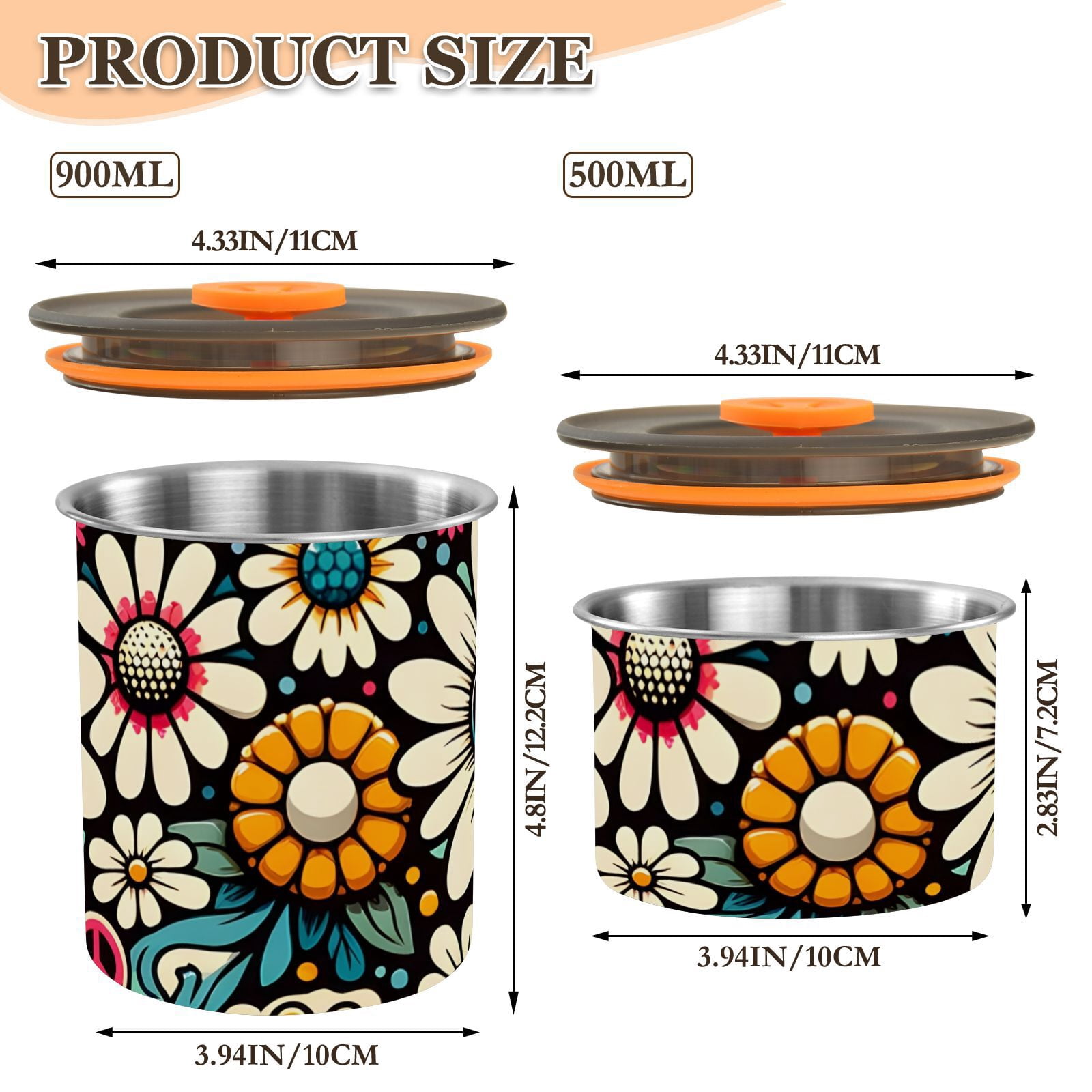 Daisy Flower Peace Vintage Airtight Coffee Bean Canister 30oz Food Storage Containers with Lids For Gournd, Tea, Sugar, Flour, Rice, Cereal, Candy Cookie Jar