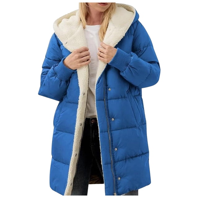 Kcodviy Ladies Solid Color Hooded Wearing Someone Else's Clothes Padded Jacket Long Sleeve Winter Jacket Long Double Velvet Slim Temperament Moms Jacket Cardigan Coat Jacket