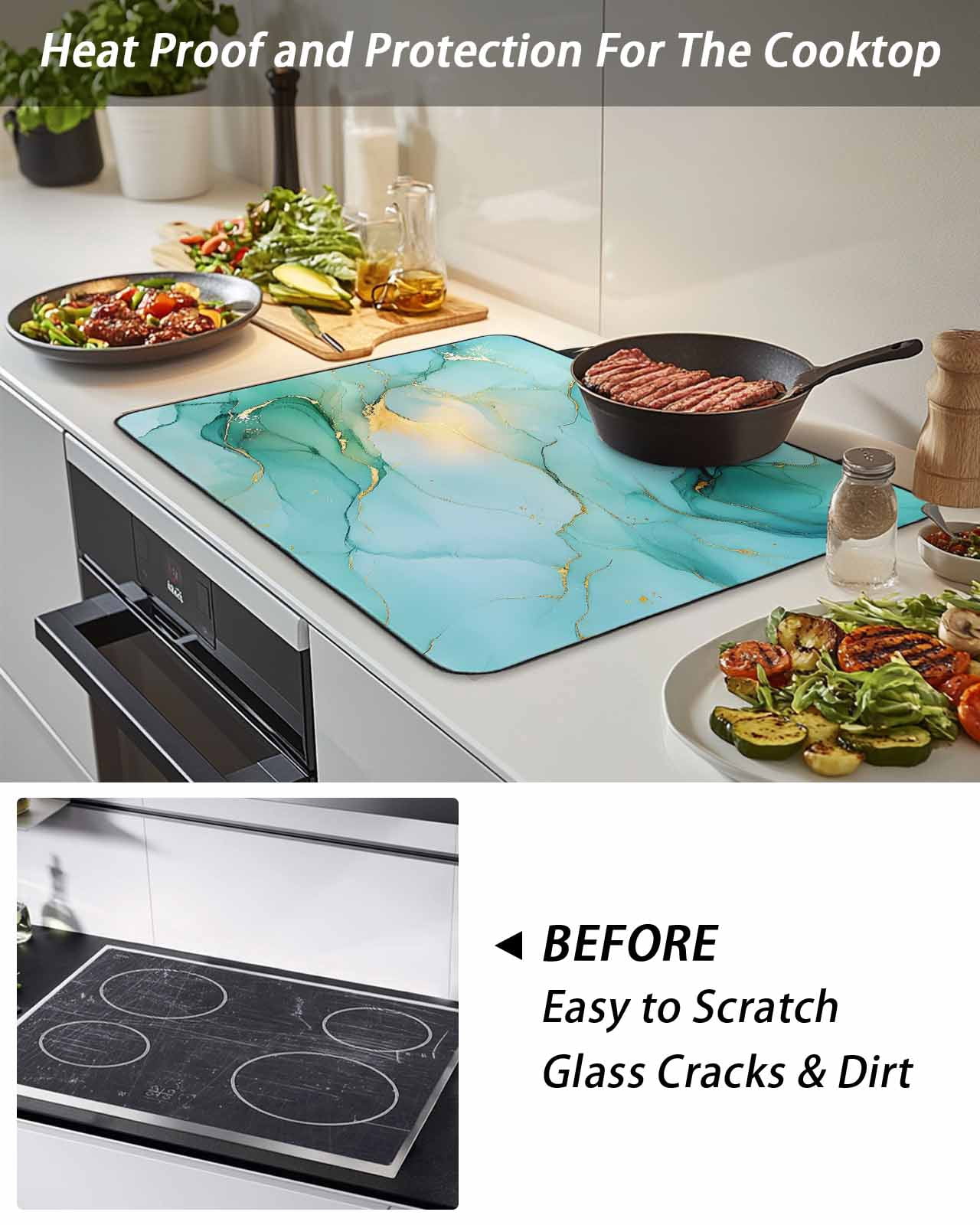 Stove Top Covers for Electric Stove, Teal Marble Glass Stovetop Cover Protector, Abstract Art Modern Ink Painting Induction Cooktop Protector Oven Mat for Kitchen Countertop 24"x21"