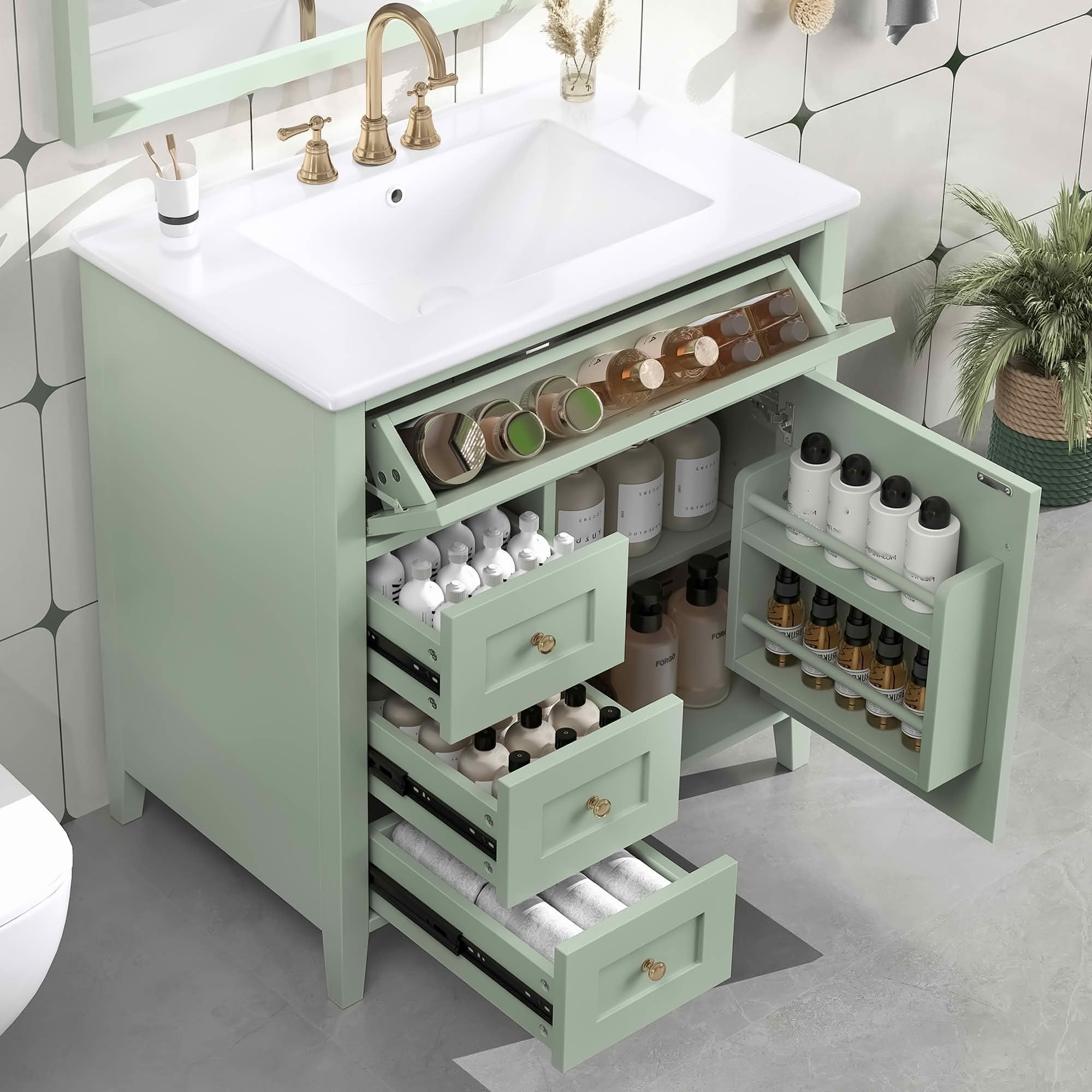 MAYEERTY 36" Bathroom Vanity Ceramic Sink Top Solid Wood MDF Flip Drawer Adjustable Shelf Metal Handles