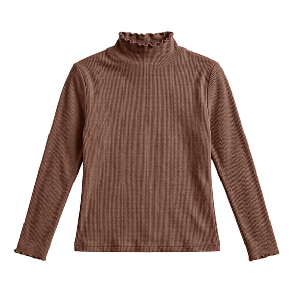 Gpaecead Girls Mock Neck Long Sleeve T Shirt Ruffle Trim Solid Color Stretchy Basic Top For School Daily Comfort Coffee