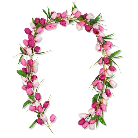 Artificial Easter Tulip Garland with Pink and White Flowers 6.6 Ft Long Door Wall Hanging Decoration for Home Wedding, Outdoor Party Spring Festival Decor
