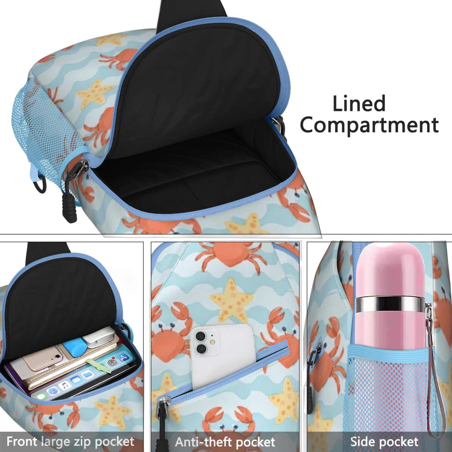 Sling Backpack Small BackpackCrossbody Sling Bag for Hiking Dating Gym Cycling Working Marine Adorable Crab