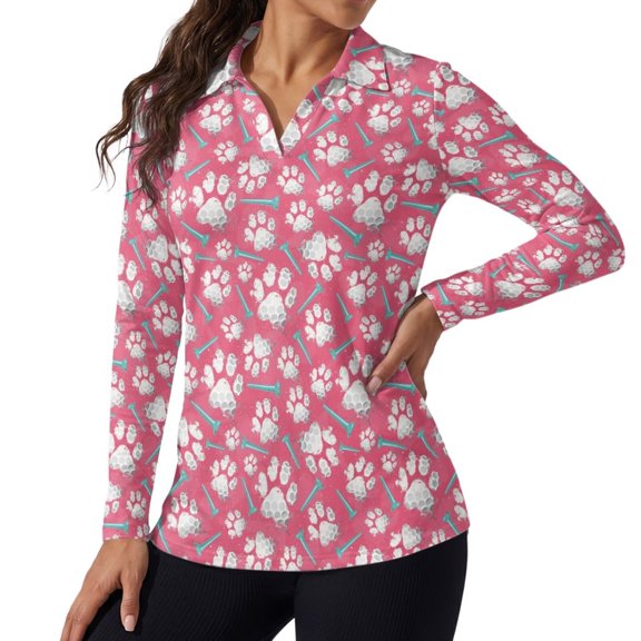 Jeiento Golf Paw Women's Golf Shirts, Long Sleeve Athletic Tops, V Neck Moisture Wicking Quick Dry Sun Protection Top for Golf, Outdoor Travel and Daily Wear