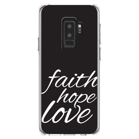 DistinctInk Clear Shockproof Hybrid Case for Samsung Galaxy S9+ PLUS (6.2" Screen) - TPU Bumper, Acrylic Back, Tempered Glass Screen Protector - Faith / Hope / Love - Black & White - Christ