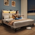 thumbnail image 5 of Queen Upholstered Platform Bed Frame with RGB LED Ambiance Light & USB Charging Port, Storage Headboard Reinforced Support Design, Beige, 5 of 11