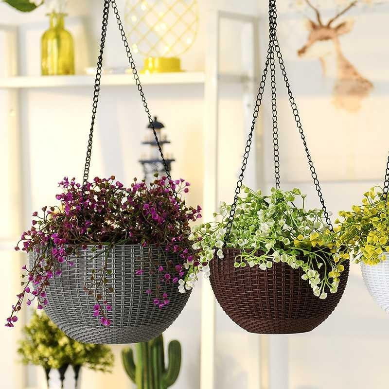 Home Porches Balcony Self Watering Hanging Planter Decorative Rattan ...