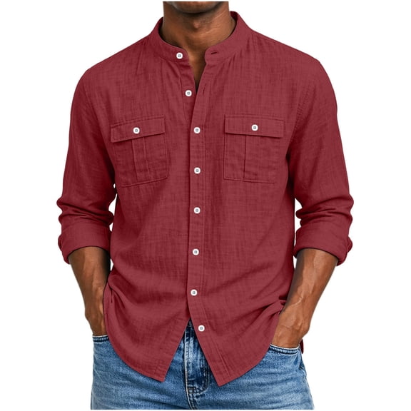 IYTR Men Hawaiian Shirt Stand-up Collar Cotton Linen Long Sleeve Shirts Pockets Loose Fit Beach Casual Top (Wine,L)