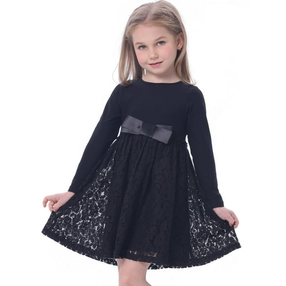 Bonny Billy Robe Noire en Satin Décontracté pour Fille avec Nœud 5-6 Ans