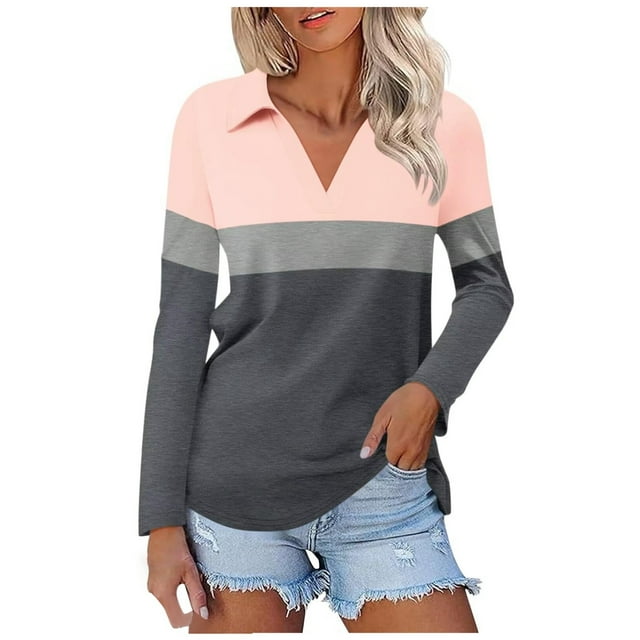 TINZ Chemise Unie à Manches Longues Col en V T-Shirt d'Été en Polyester