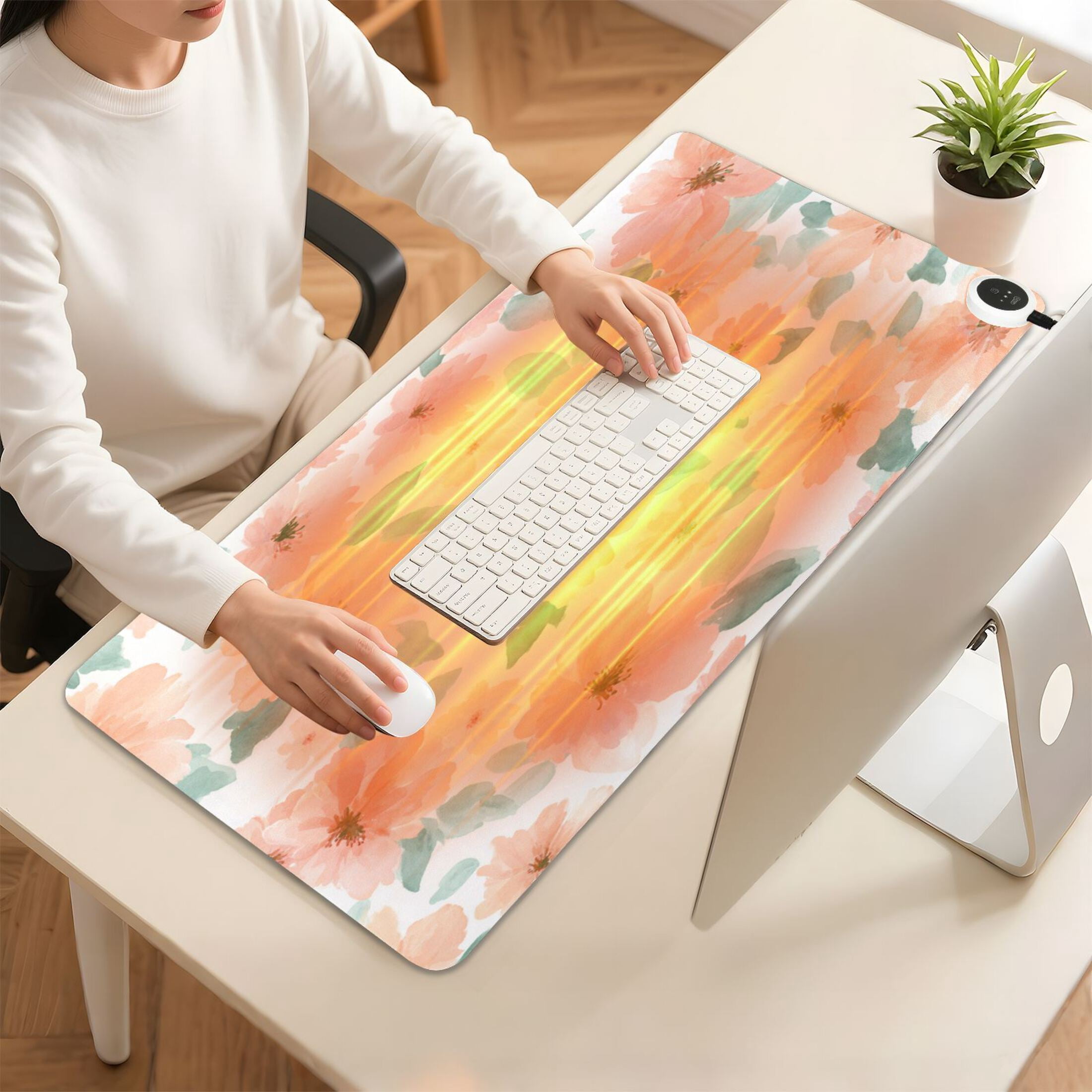 Large Heated Desk Mat Mouse Pad 31.5"x13"PU Leather Graphene Heating Desk Warmer with 3 Temperature Settings 110V US Plug Non-Slip Warm Pad for Home, Office, and Gaming Sage Green Floral Print