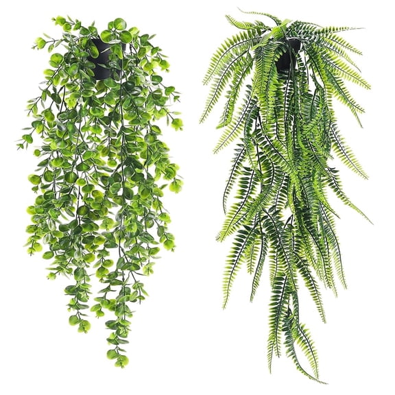 2 pack Artificial Hanging Plants in Black Indoor Pots