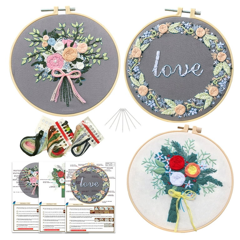3pcs Embroidery Kits for Beginners,Include Embroidery Clothes with