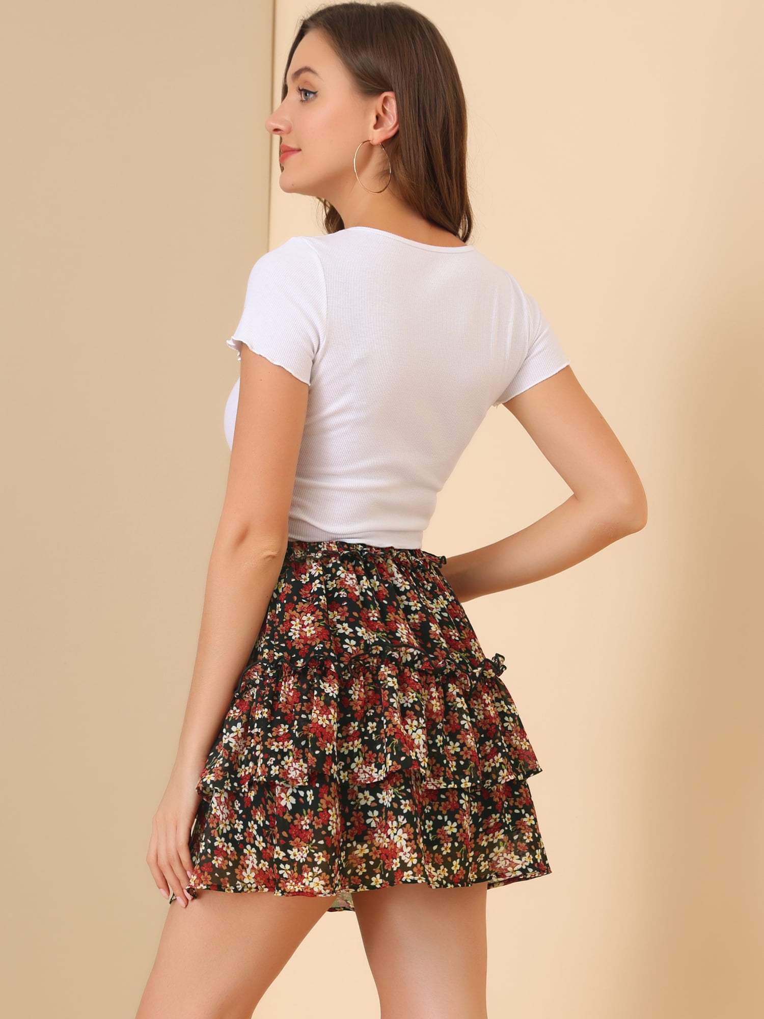 DARING DIVA Women's Elastic Waist A-Line Layered Ruffle Floral Mini Skirt M Black