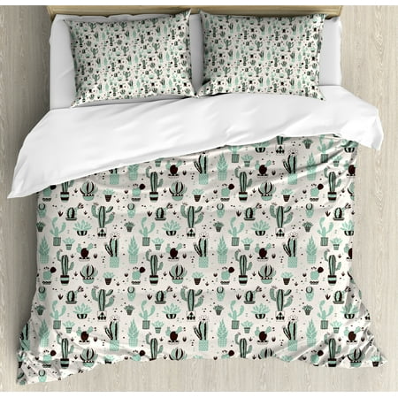 Cactus Duvet Cover Set, Doodle Style Cartoon Plant Arrangement with Geometrical Background Foliage, Decorative Bedding Set with Pillow Shams, Mint Black Beige, by
