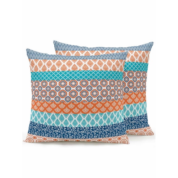 Waterproof Outdoor Throw Pillows with Inserts 18"x18" Set of 2,Teal Orange Striped Soft Decorative Pillowcases for Couch Bedroom,Boho Modern Geometric Abstract Art Pillow Covers for Sofa Living Room