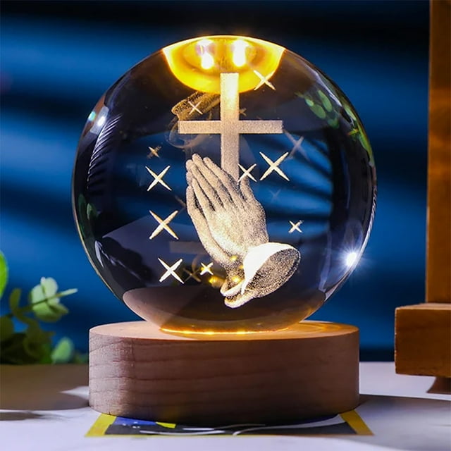 Pequeña bola de cristal 3D decorativa con Base de madera carga USB bola de cristal LED luz nocturna bola de cristal iluminada para decoración de dormitorio