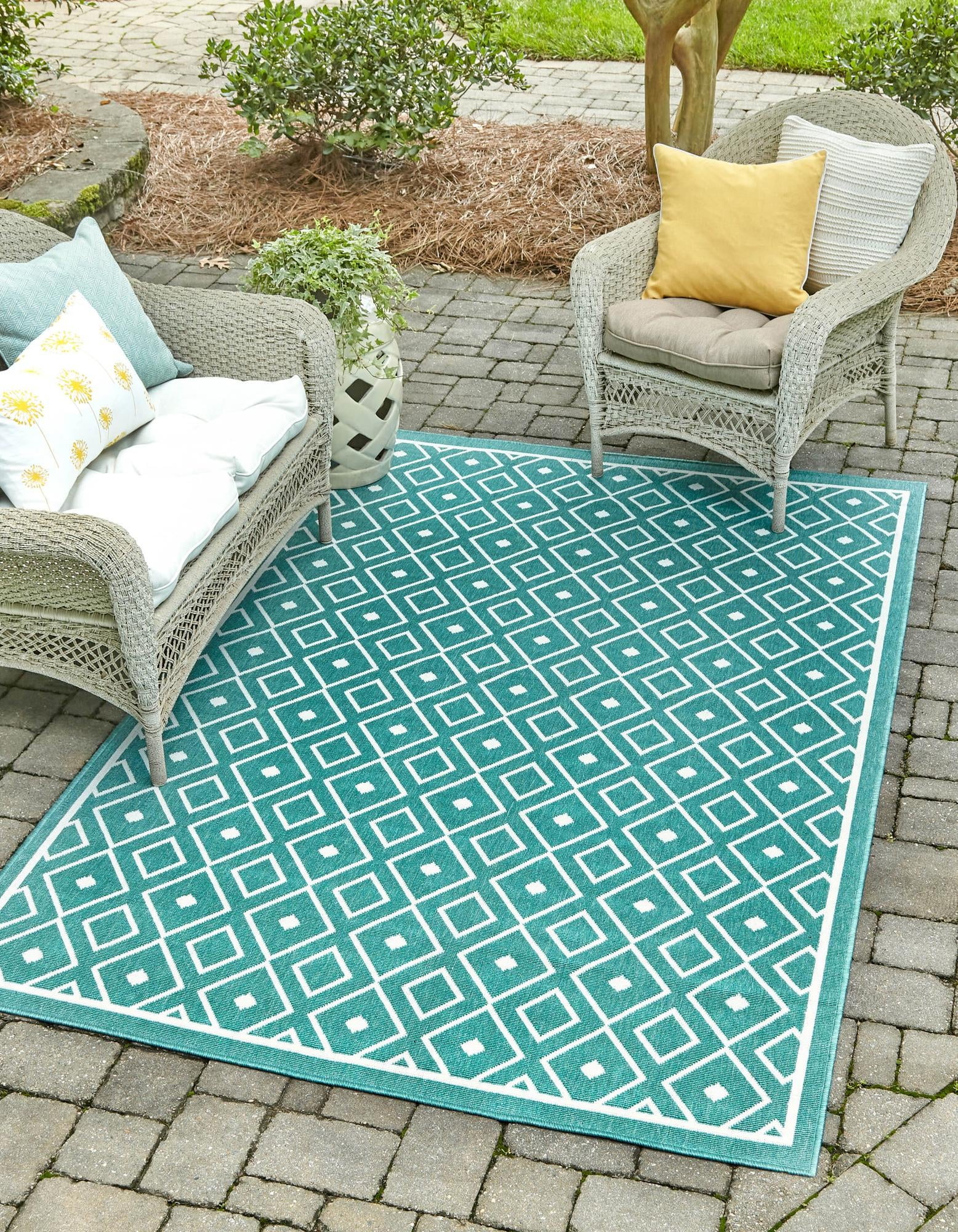 Outdoor Lattice Collection Rug 9' x 12' Teal Flatweave Rug