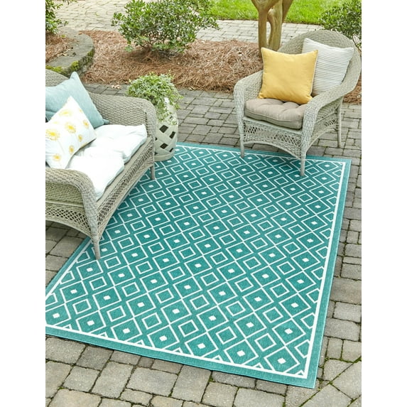 Rugs.com Outdoor Lattice Collection Rug – 9' x 12' Teal Flatweave Rug Perfect For Living Rooms, Large Dining Rooms, Open Floorplans