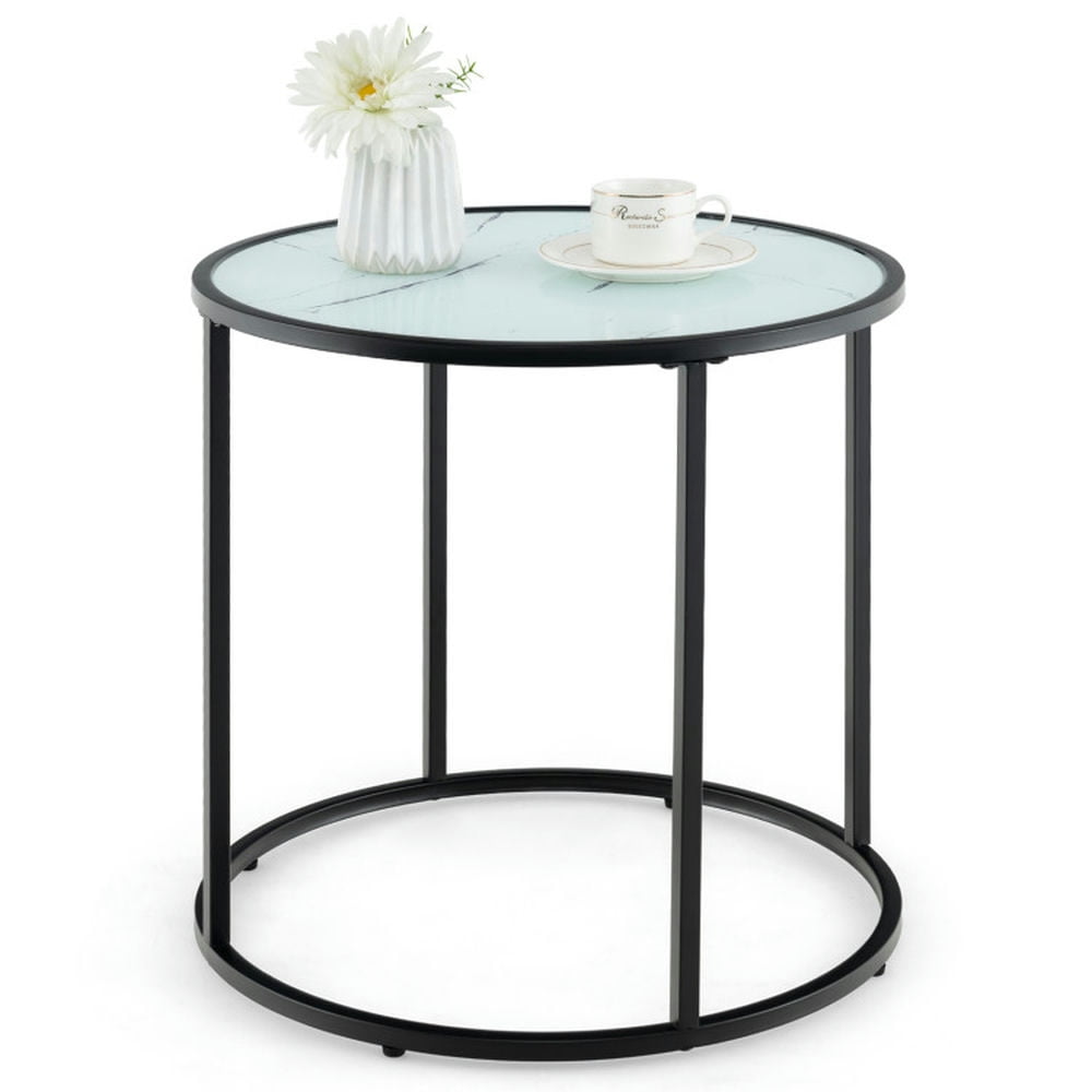 Finihen End Table, Glass End Table, 20 Inch Glass End Table with Metal Frame and Faux Marble Glass Top, for Living Room, Bedroom, Black & White