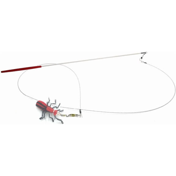 Kat Fly 2 Inch Handmade Cat Toy Teaser Beetle with 19 Inch White Wand - Red Natural Material Toy