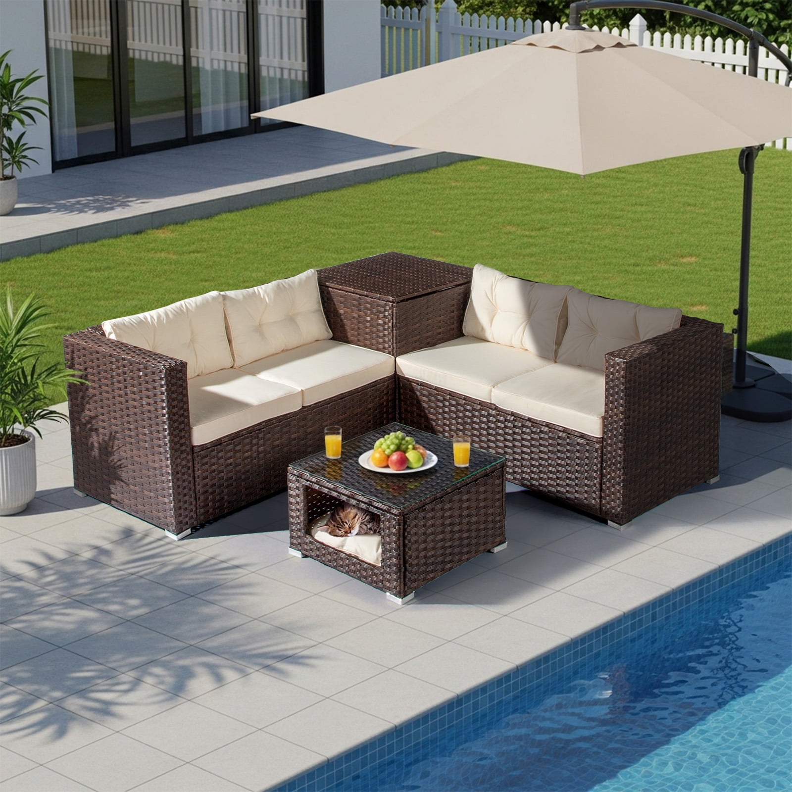 Ktaxon 4 Pieces Modular Patio Sectional with Storage Box & Pet Table, All-Weather PE Wicker, Brown Frame Peacock off-white Cushions