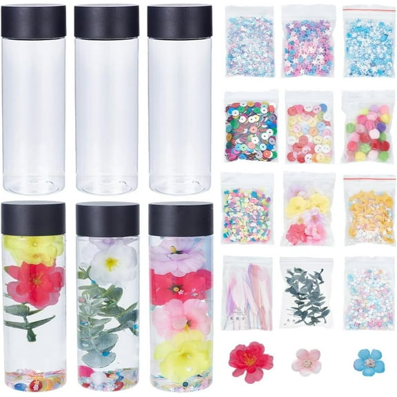 6Pcs Sensory Bottles Kits 400ml(13.53fl.oz) Empty Plastic Sensory Bottles with Lids Accessories Round Clear Plastic Water Bottles Reusable Sensory Bottles