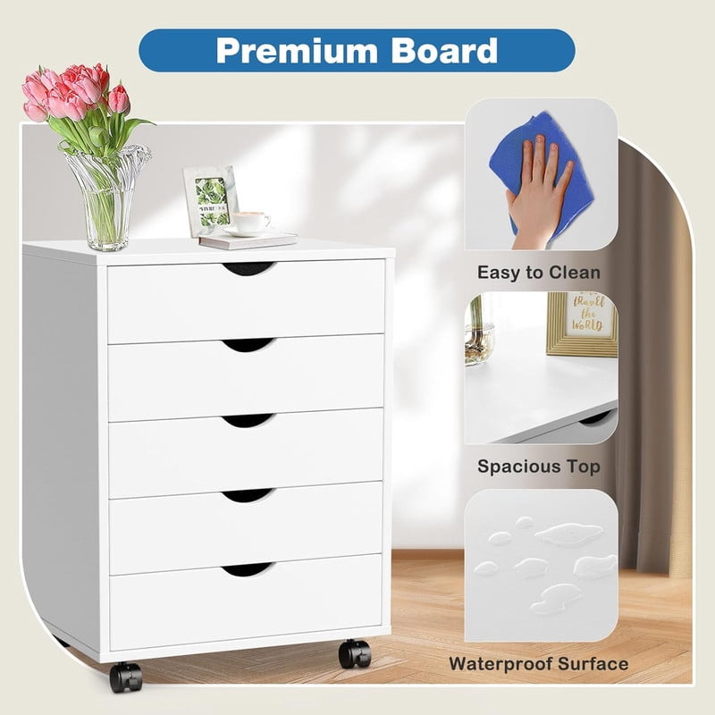 TINKLE WELL 5 Drawer Wooden Rolling File Cabinet, Mobile Compact Storage Dresser for Home Office Organization, White
