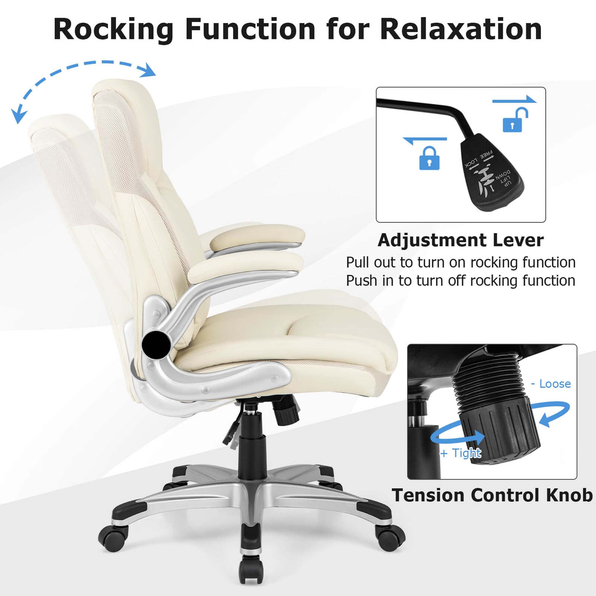 Costway PU Leather Swivel Office Desk Chair with Flip Up Armrest, Beige