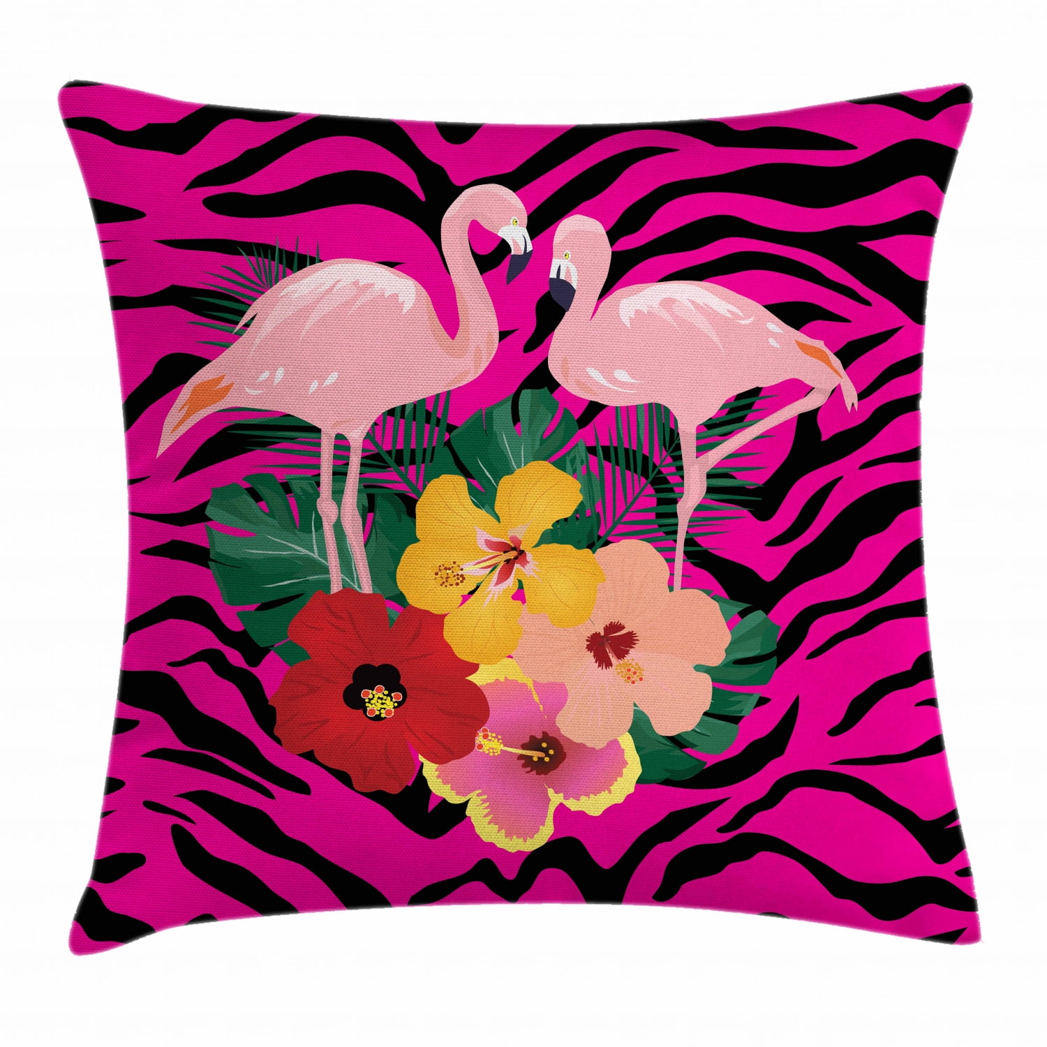 Pink Zebra Throw Pillow Cushion Cover, Exotic Love Pink Flamingos on Hibiscus Bouquet Striped