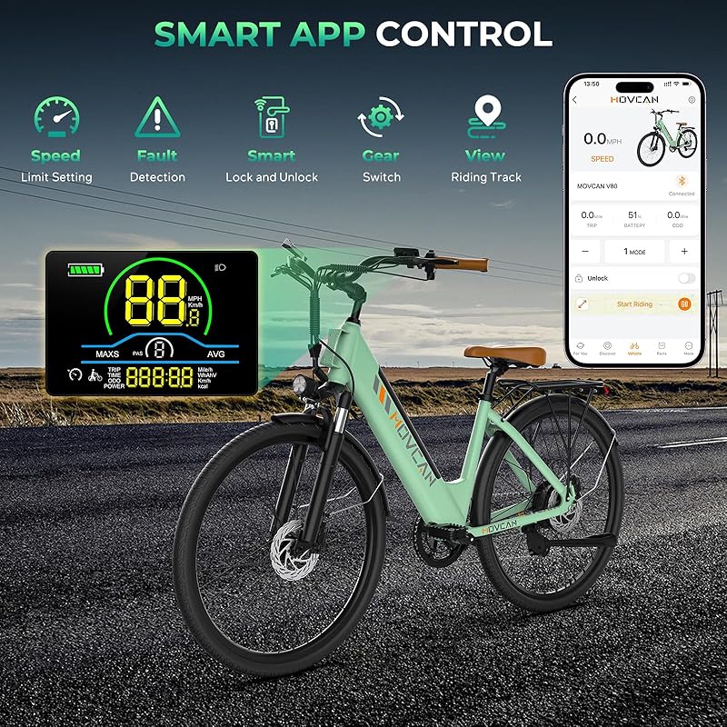 Movcan V80 Electric Bike, 1000W Motor 28MPH Ebike, 48V 13Ah Removeable Battery, 26'' Cruiser Adult Electric Bicycles up to 70 Miles
