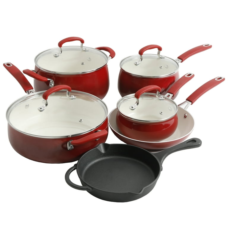 The Pioneer Woman 25 Piece Ceramic Nonstick Aluminum Easy Clean Cookware  Set, Ombre Red 