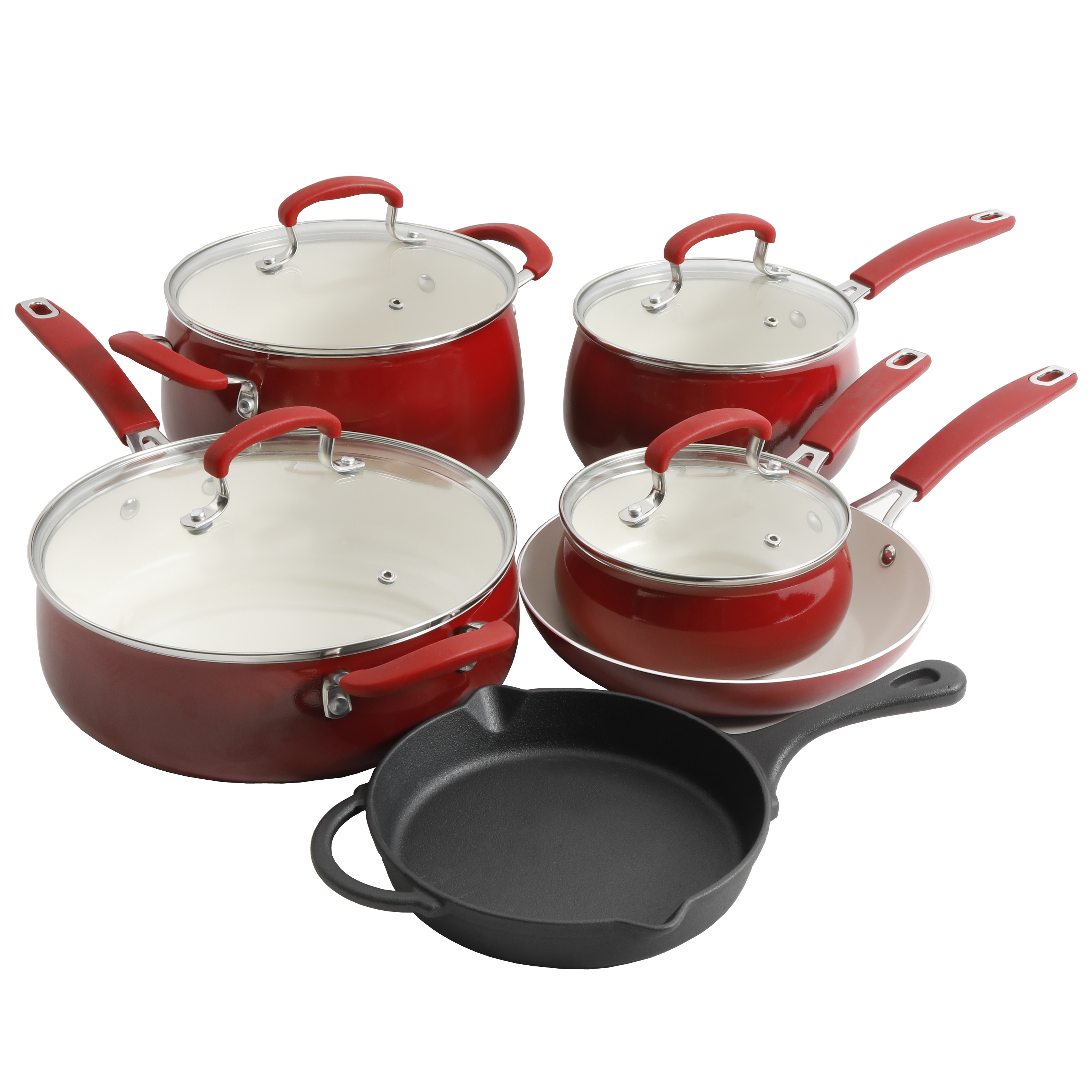 The Pioneer Woman Classic Belly 10 Piece Ceramic Non-stick and Cast Iron Cookware Set, Red - image 3 of 9