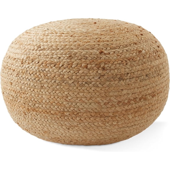 Casafield Hand-Braided Jute Pouf Ottoman Footrest, 19" W x 19" D x 10-1/2" H - Round, Natural Woven Boho Floor Cushion, Home Decor for Living Room