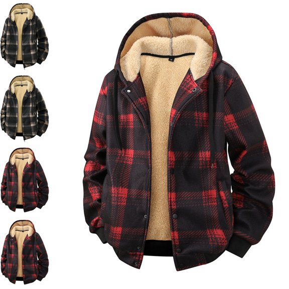 Afuyipoi Mens Hooded Coat Zip Front Plaid Lamb Fleece Warm Knit Jacket Red M