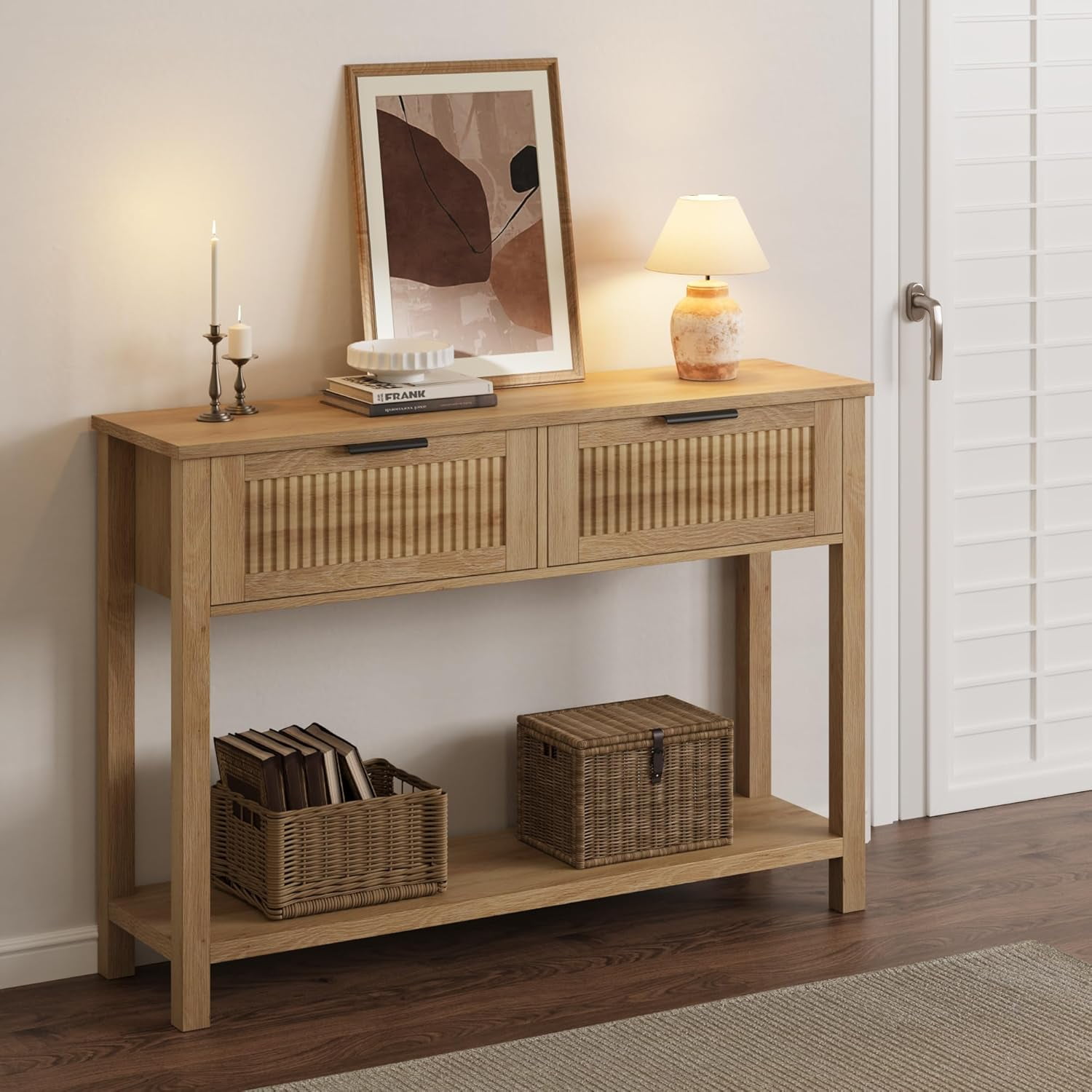 Farmhouse Entryway Table,43 Inch Wood Console Table with 2 Drawers,2 Tier Sofa Table with Storage for Living Room, Foyer Tables for Entryway-Burlywood
