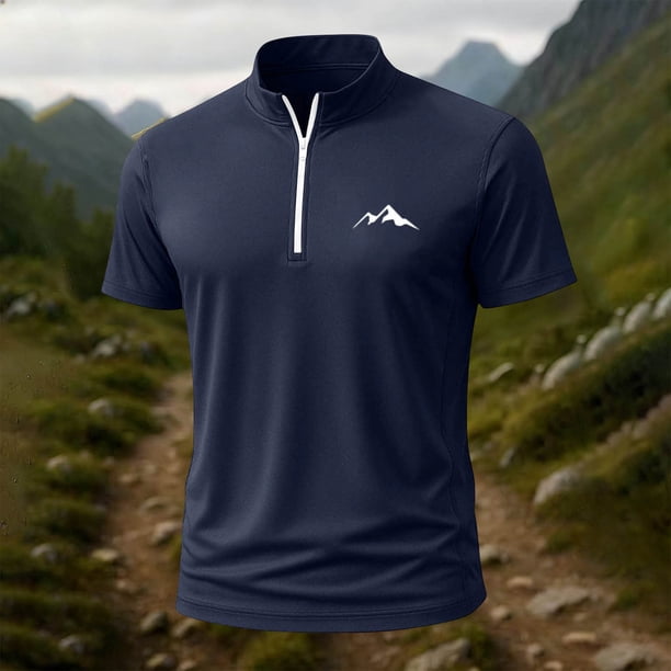 Blusa y camisa de manga corta con cuello alto para hombre, de verano, de color liso, ajustada, deportiva, con cremallera, de manga corta, con cuello alto.