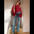 thumbnail image 4 of Camiseta de Larga Acampanada con Cuello Alto Y2K para Mujer, Camisa Ajustada con Ribete en Forma de Lechuga Vino Tinto S, 4 of 9
