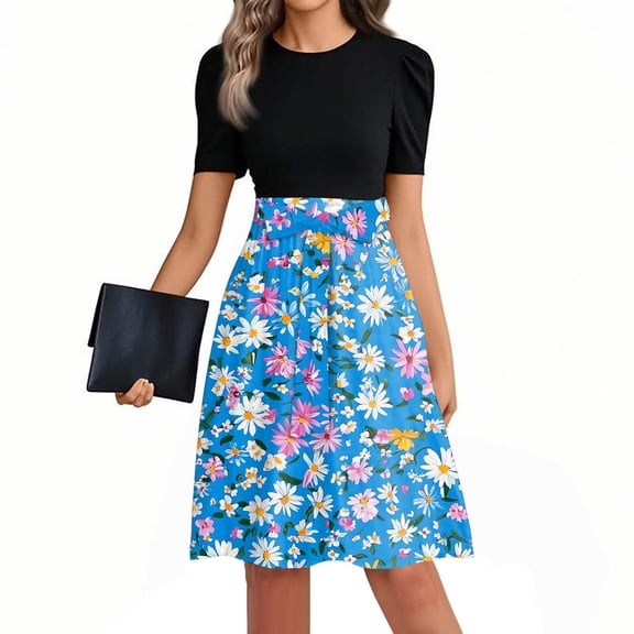 Mlqidk Casual Dresses for Women Puff Sleeve Boho Teacher Dresses Floral Print Tie Waist Long Business T-Shirt Dress Formal Teacher Clothes Royal Blue 2XL