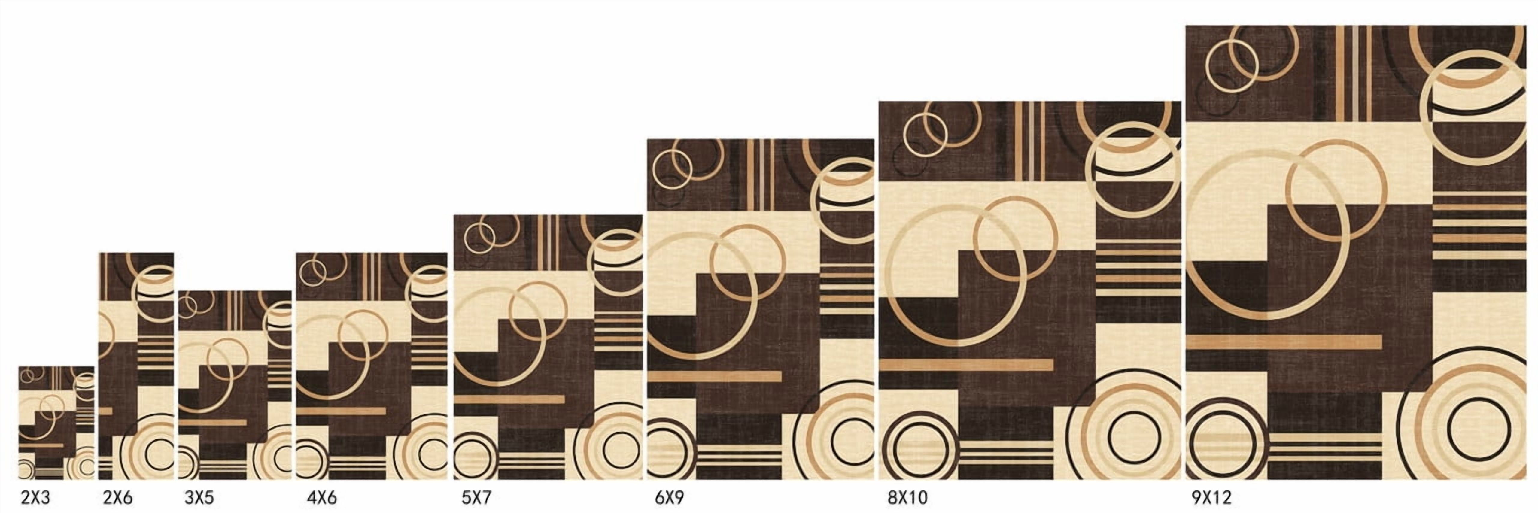 Washable Area Rug 2x6 Abstract Circles Non Slip Contemporary Stain Resistant Soft Low Pile Accent Rug for Indoor Dining Room, Brown