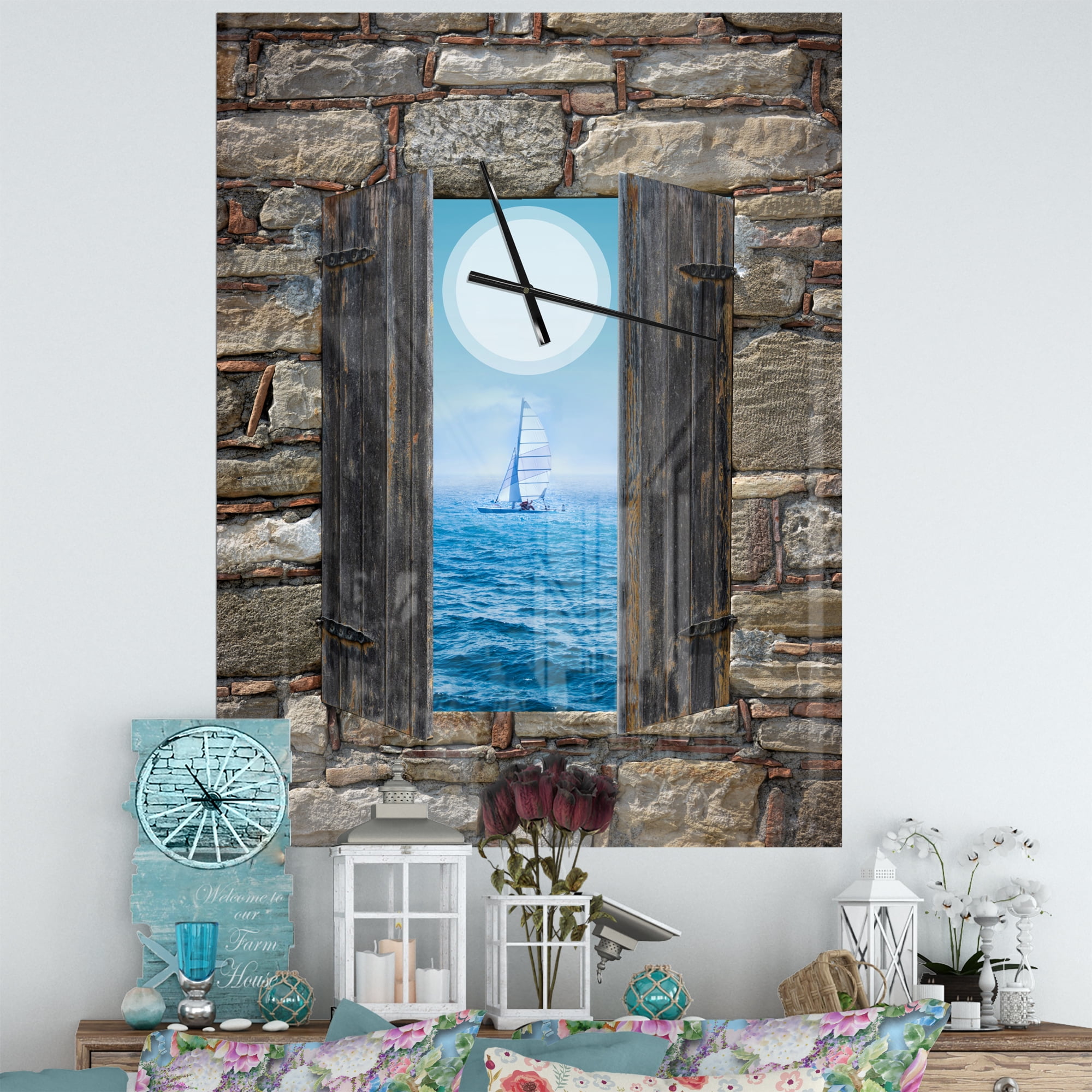 Designart 'Window Open To Sailing Boat' Coastal Wall Clock