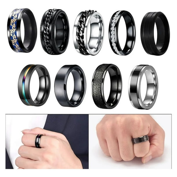 9 Piezas Anillo Giratorio Para Hombre De Titanio Acero Negro