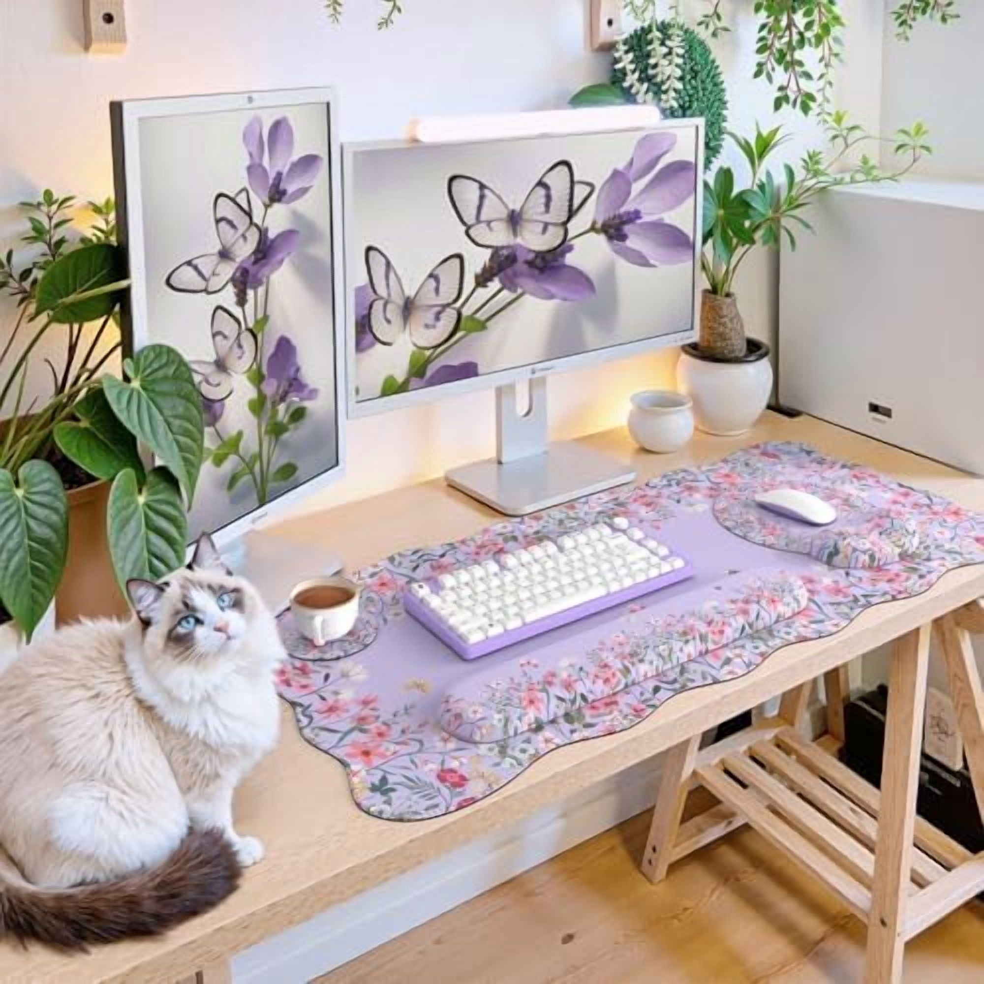 Tekola Desk Mat Set,Large Mouse Pad with Wrist Rest,Ergonomic Keyboard Wrist Support for Women,Girly Floral Computer Mat with Scalloped Edges,Non-Slip Desk Pad Home Office Gaming (Purple)