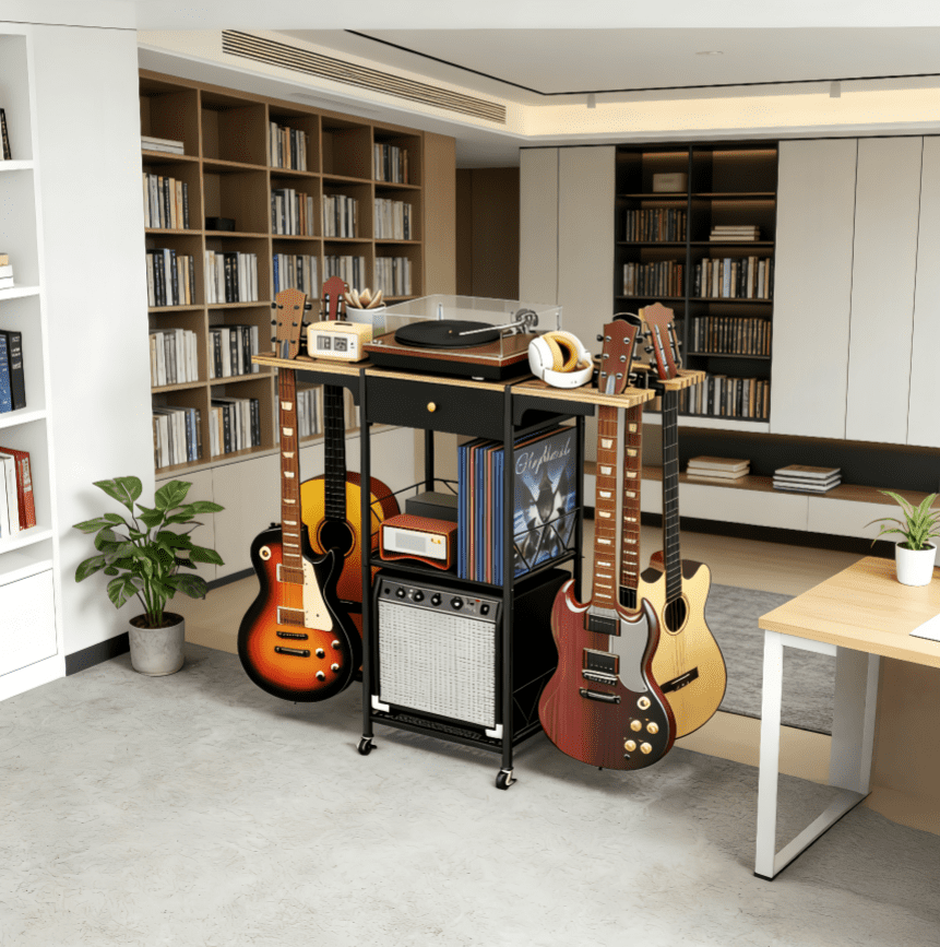 【Mulaibdin】Portable 3-Tier Rolling Guitar Stand with Amp Stand & Drawer, Spacious Organizer for Music Room, Bedroom & Living Room