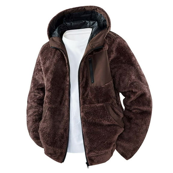 Men's Fuzzy Sherpa Coat Fleece Zip Up Hooded Jacket Coffee M