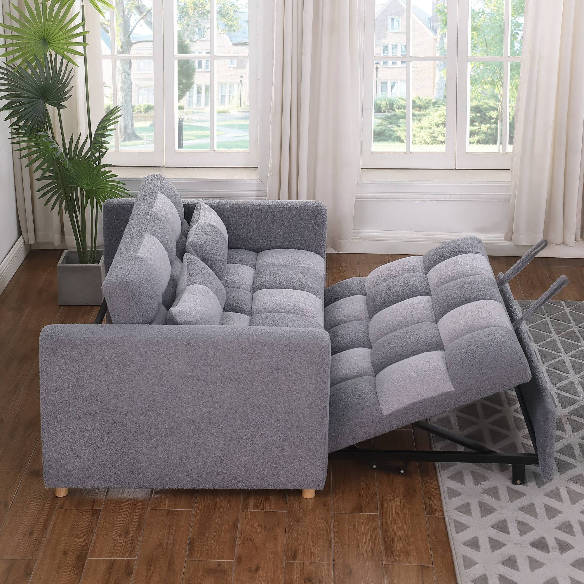 3 in 1 Convertible Pull Out Sofa Bed, Teddy Sleeper Sofa Couch with Adjustable Backrest, Loveseat with Pull Out Bed for Living Room, Grey