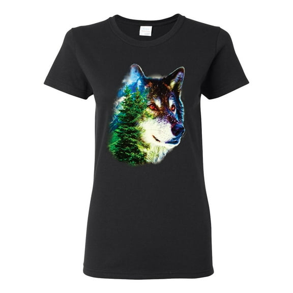 Earth Wolf Trees Mountains Nature Animal Lover Womens Graphic T-Shirt, Black, Small