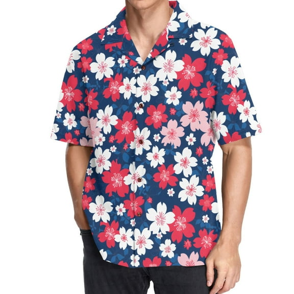 joogoo Men's Hawaiian Shirt Cherry Blossoming Short Sleeve Casual Button Down Shirts M