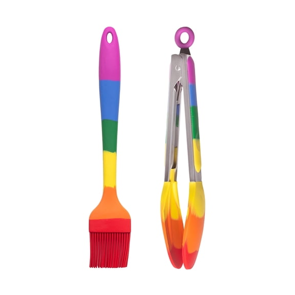 HIC Kitchen Rainbow Silicone Tools, Non-Stick and Heat-Safe, Includes Pastry Brush and Tongs