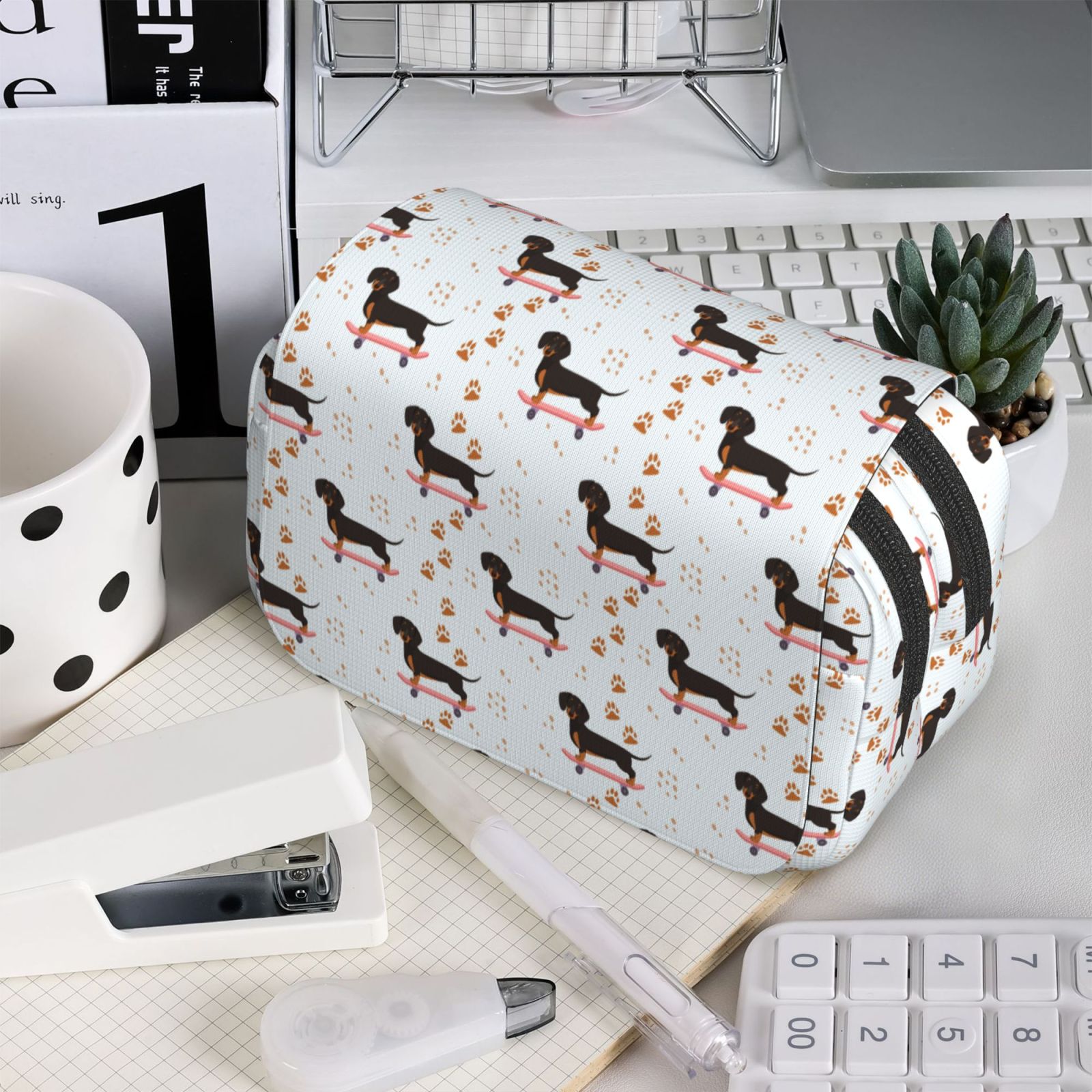 Rateoe Dachshund On A Skateboard Pattern Double Clamshell Pen Case, Storage Organizer with Two Zipper Compartments– Holds Up to 50 Pencils & Pens